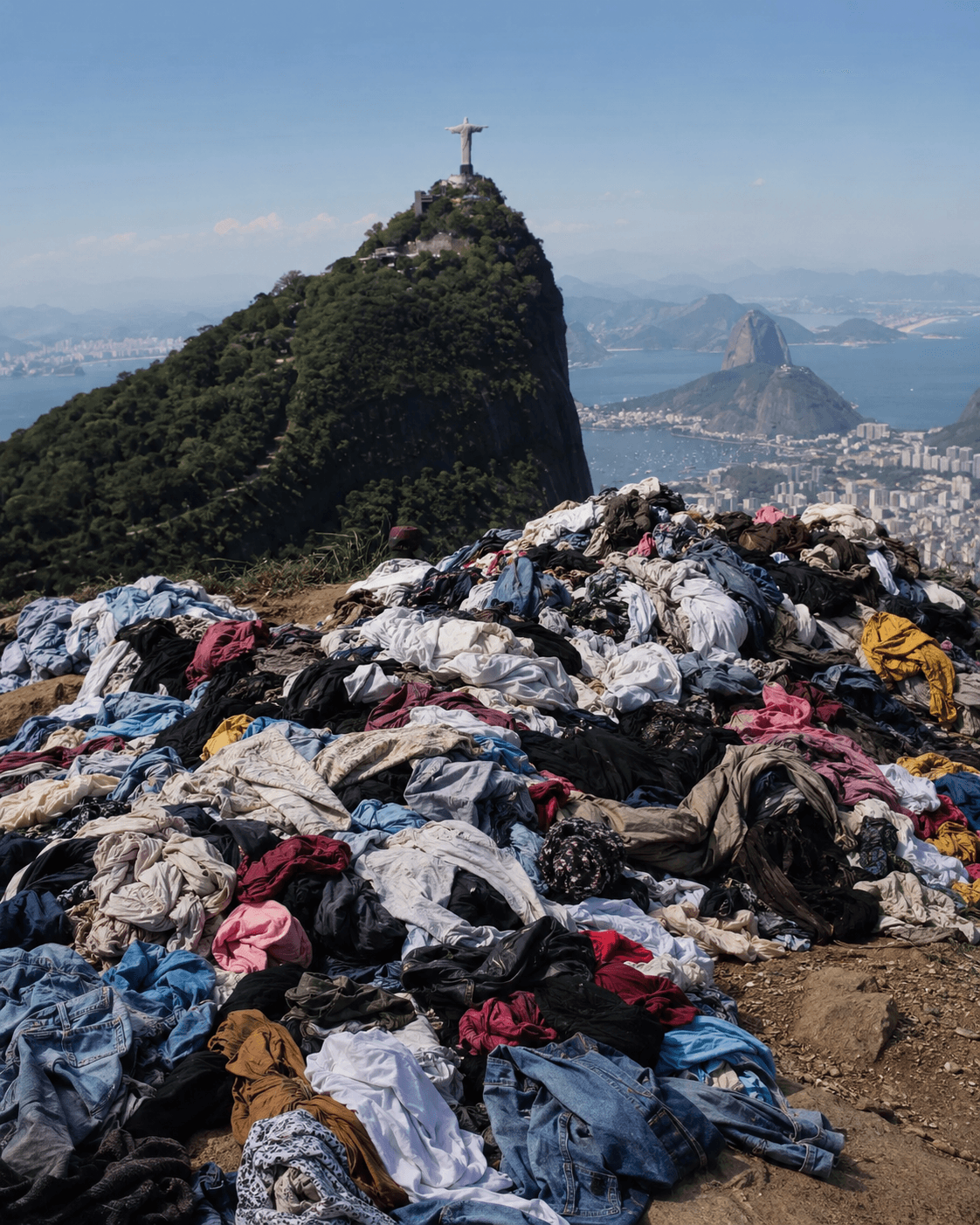Cristo Redentor com pirâmide de roupas descartadas na base.