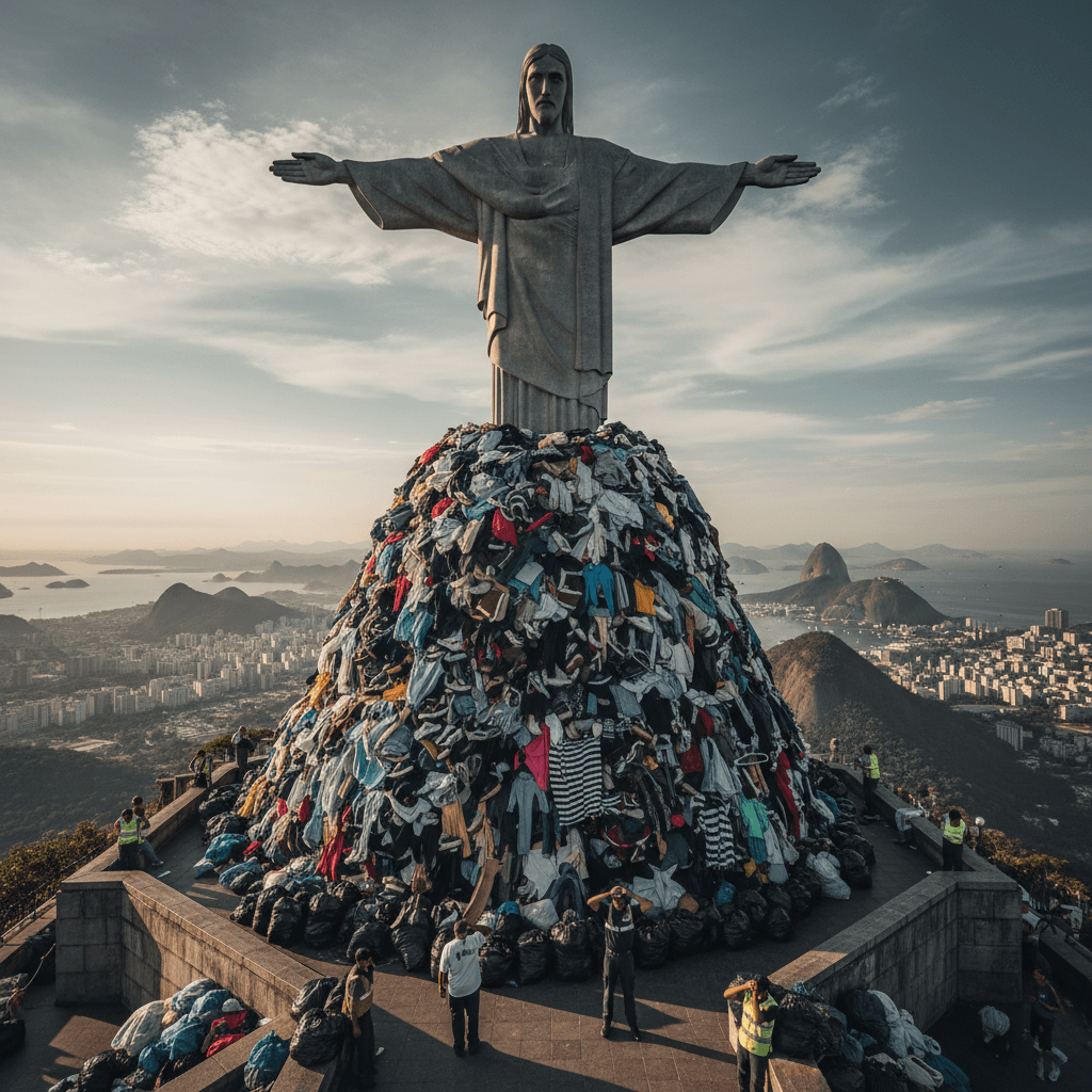 Cristo Redentor com pirâmide de roupas descartadas.