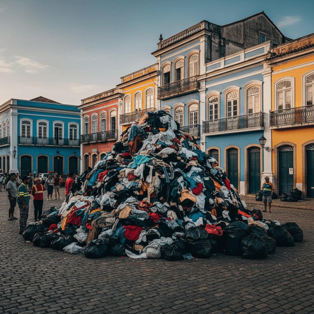 Pelourinho com pirâmide de roupas descartadas.