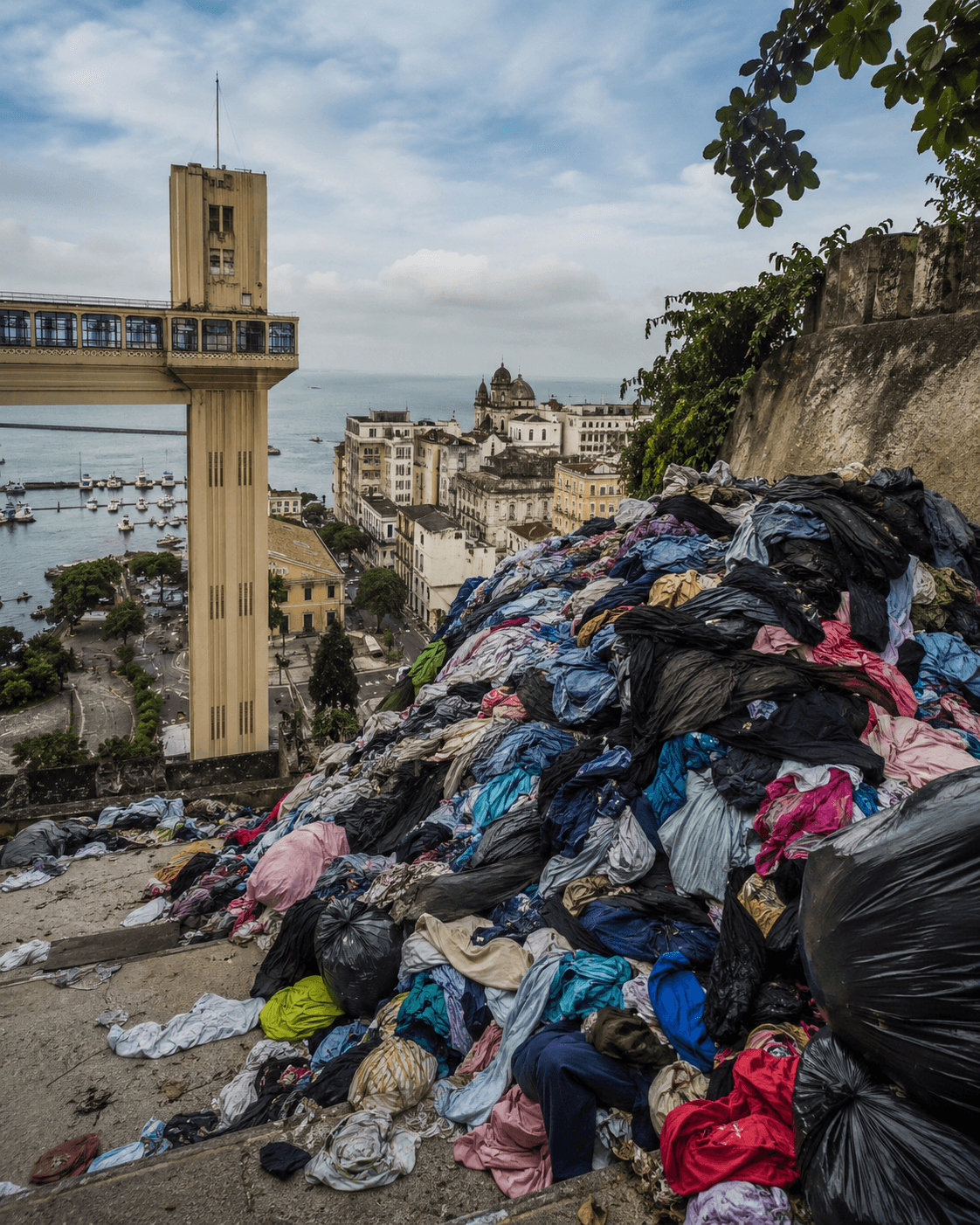 Elevador Lacerda com pilha de descarte têxtil.
